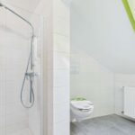 Badezimmer mit Dusche, Toilette und Dachfenster, helle Fliesen und moderne Ausstattung.