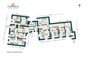 Grundriss eines Mehrfamilienhauses im ersten Obergeschoss mit mehreren Zimmern, Küchen und einem Badezimmer.