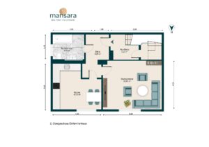 Grundriss einer Wohnung im Obergeschoss mit Küche, Wohnzimmer, Essbereich und Badezimmer. Maßstab und Raumgrößen angegeben.