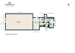 Grundriss eines Einfamilienhauses mit Ausbauräumen, Küche, Bad und Schlafzimmer. Maßstab und Orientierung sind angegeben.