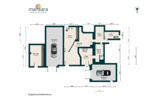 Grundriss eines Einfamilienhauses mit Garage, Wohnräumen, Heizungsraum und WC. Maßstab und Nordausrichtung angegeben.