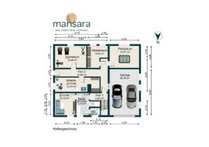 Grundriss eines Hauses mit verschiedenen Räumen: Wohnbereich, Garage, Abstellraum und Badezimmer, maßstabsgetreu.
