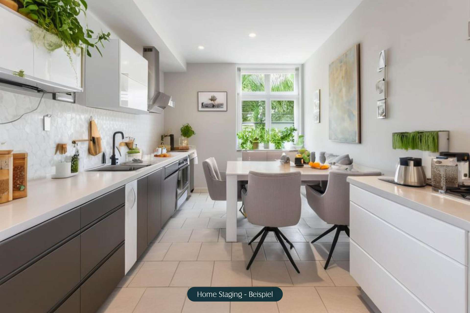 Moderne Küche mit Essbereich, hellen Wänden, Pflanzen und stilvollen Möbeln. Home Staging Beispiel.