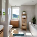 Modernes Badezimmer mit Badewanne, WC, Waschbecken und Holzregal. Helle, freundliche Atmosphäre mit Pflanzen.