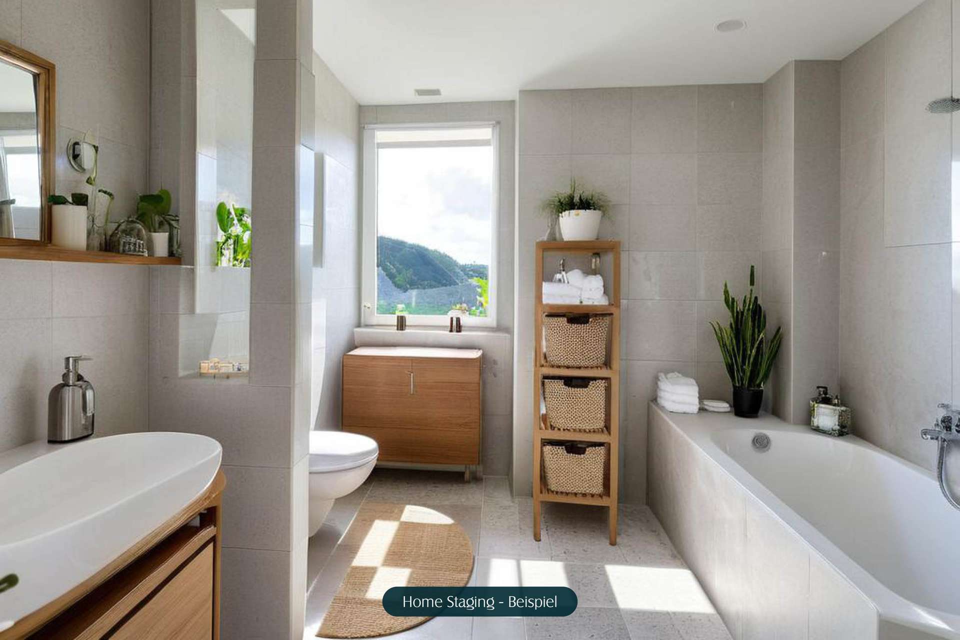 Modernes Badezimmer mit Badewanne, WC, Waschbecken und Holzregal. Helle, freundliche Atmosphäre mit Pflanzen.