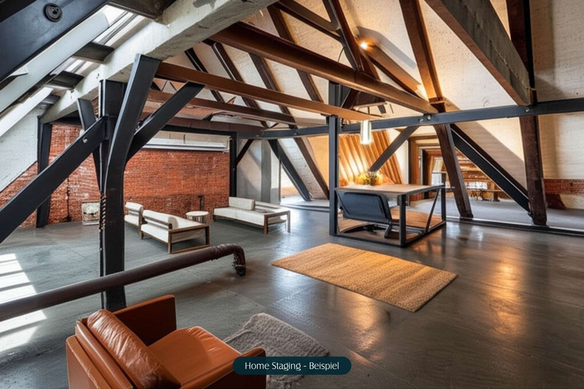 Moderne Dachgeschosswohnung mit Holzträgern, eleganten Möbeln und warmem Licht, kombiniert Industrial- und Wohnstil.