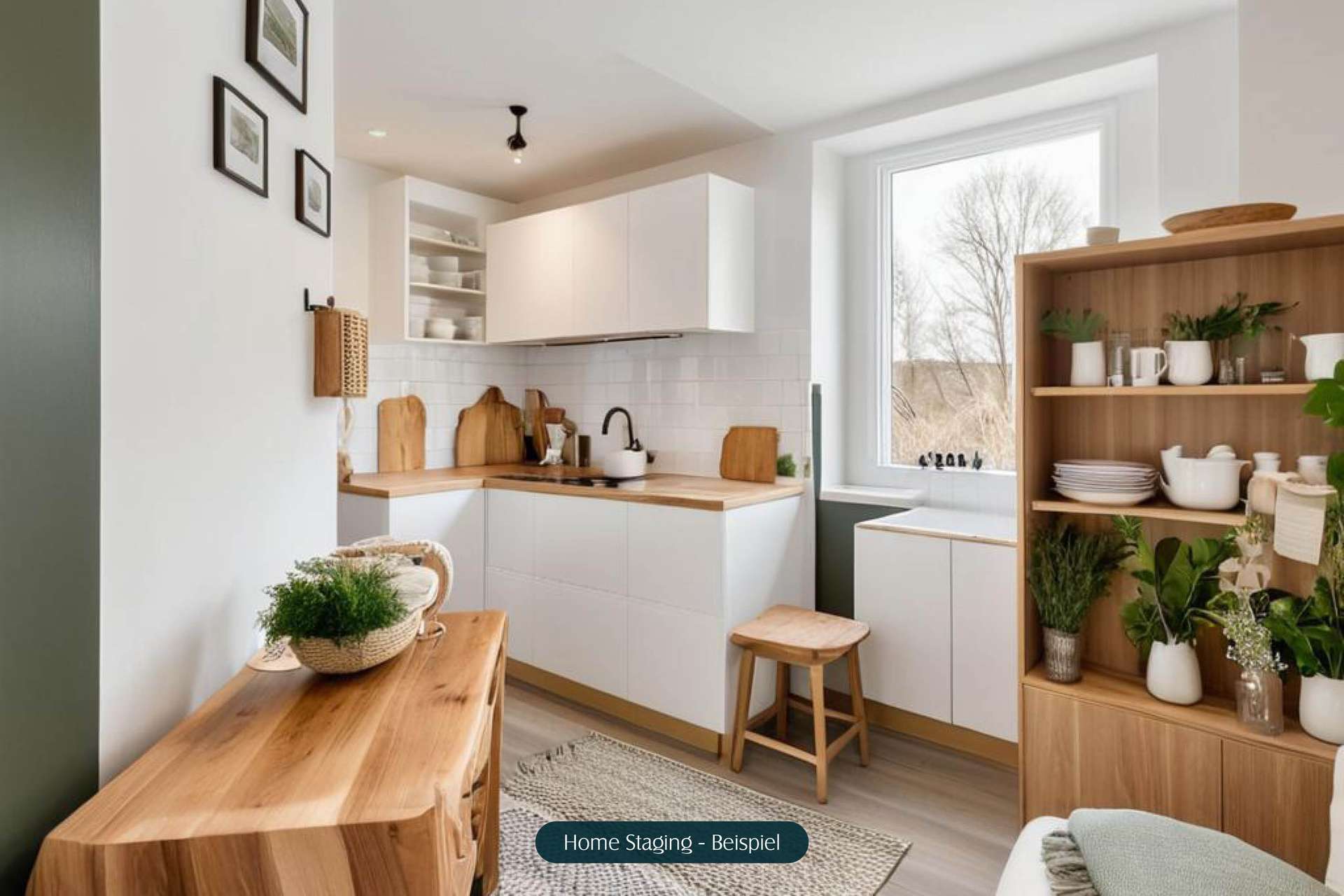Moderne Küche mit weißen Schränken, Holzregal, Stuhl und Pflanzen, helles Licht durch großes Fenster.