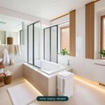 Modernes Badezimmer mit Badewanne, Waschbecken und Pflanzen, stilvoll und hell gestaltet.