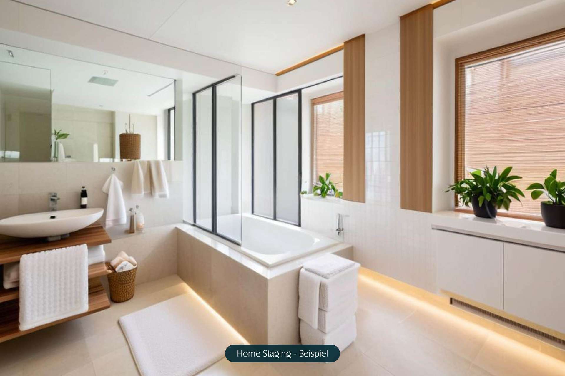 Modernes Badezimmer mit Badewanne, Waschbecken und Pflanzen, stilvoll und hell gestaltet.