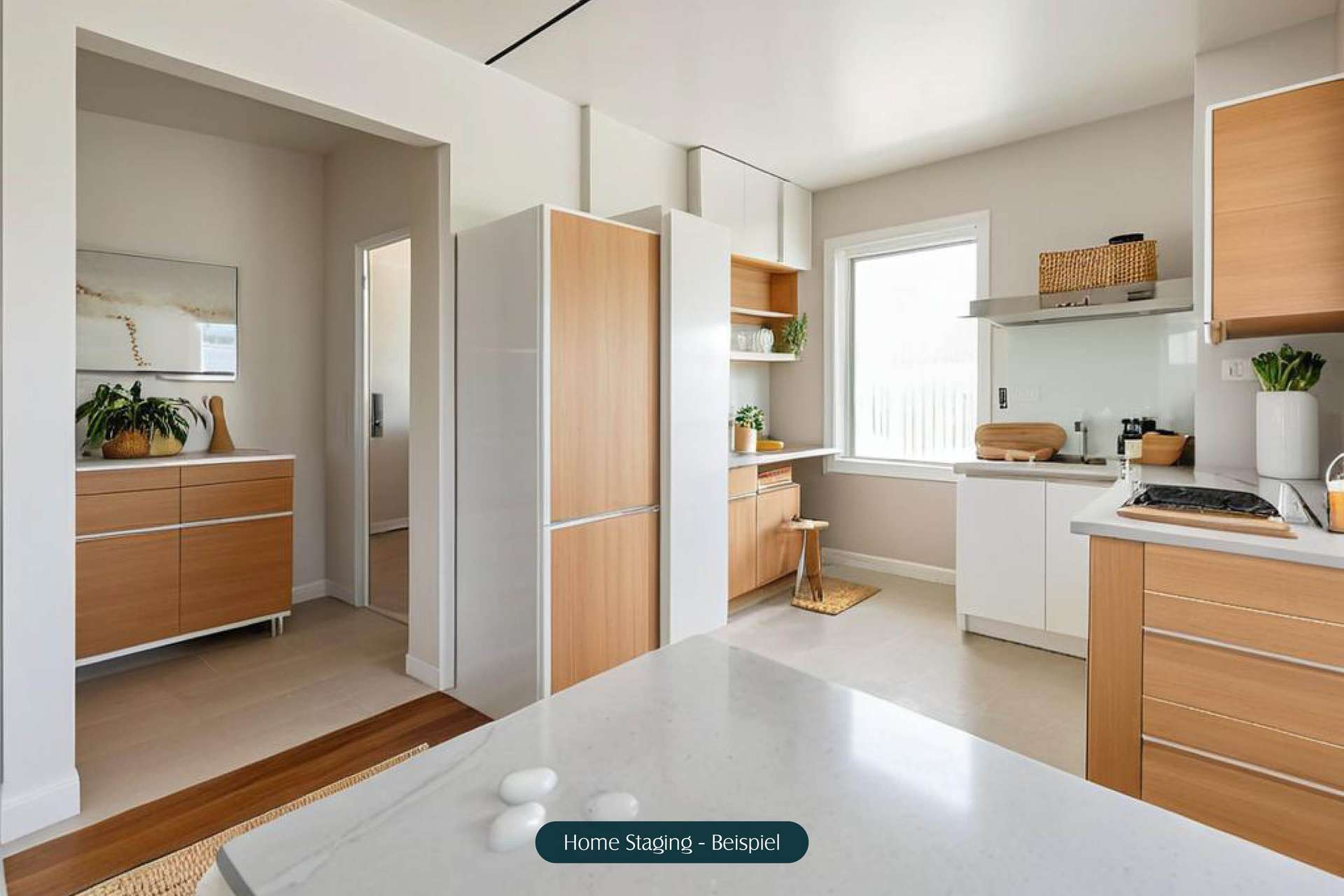 Moderne Küche mit Holz- und weißen Möbeln, hellem Licht und Pflanzen, die eine einladende Atmosphäre schaffen.