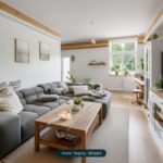 Modernes Wohnzimmer mit grauem Sofa, Holztisch, Pflanzen und großen Fenstern, stilvoll dekoriert.