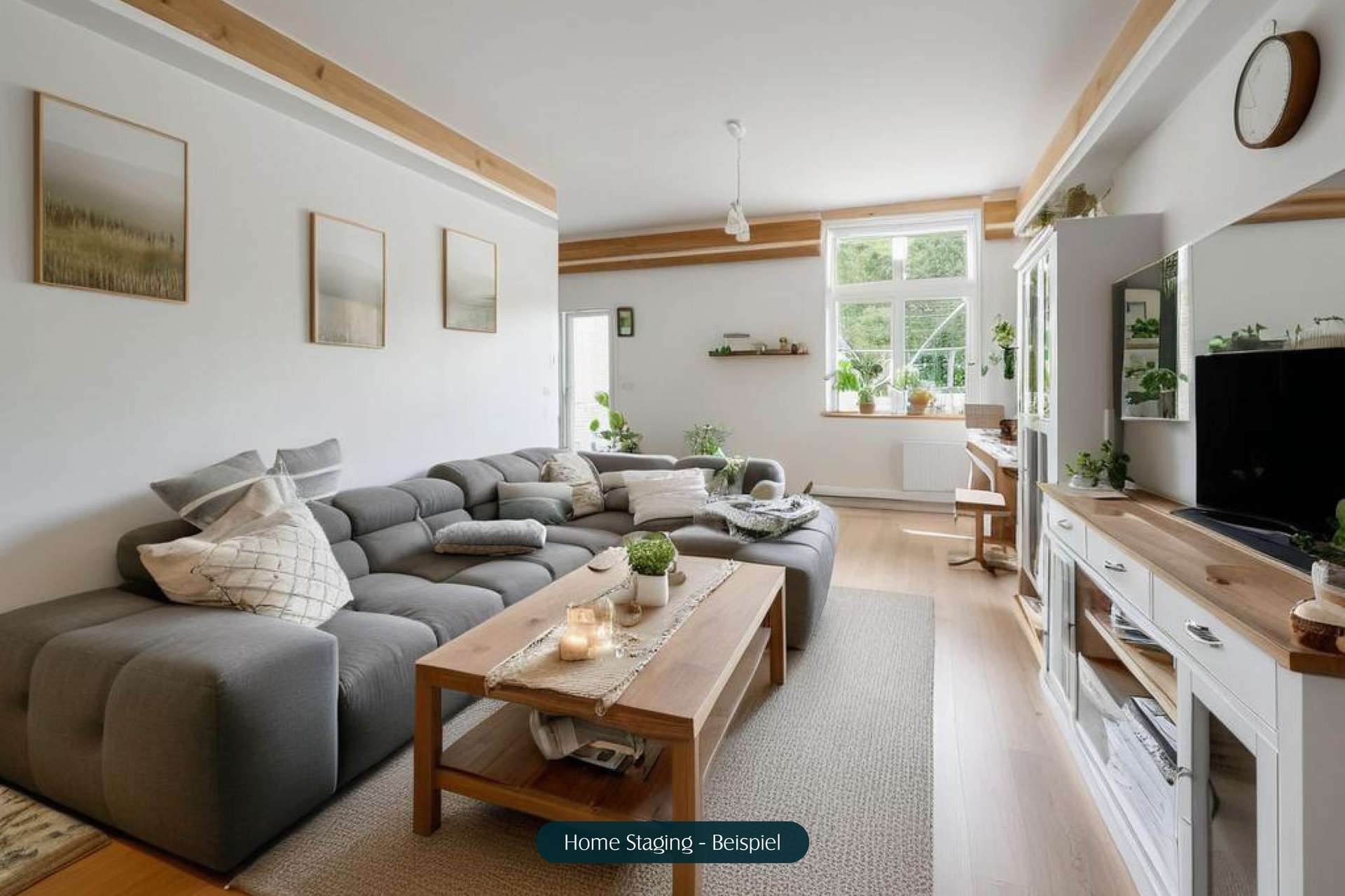 Modernes Wohnzimmer mit grauem Sofa, Holztisch, Pflanzen und großen Fenstern, stilvoll dekoriert.