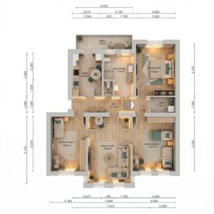 Grundriss einer modernen Wohnung mit fünf Zimmern, inklusive Küche, Bad, Balkon und Wohnbereich. Maße sind angegeben.
