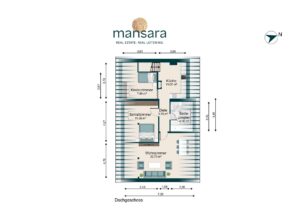 Grundriss einer Dachgeschosswohnung mit Küche, Wohn- und Schlafzimmer sowie Bad und Kinderzimmer. Maße sind angegeben.