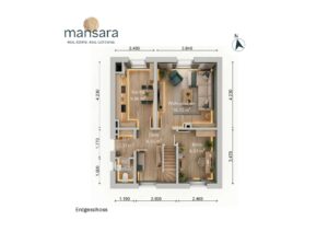 Grundriss eines Erdgeschosses mit Küche, Wohnzimmer, Diele und Büro, Maße und Raumaufteilung sind angegeben.