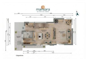 Grundriss einer Wohnung mit Wohnräumen, Bad, Windfang, und Terrasse, Maßangaben und Nordausrichtung.