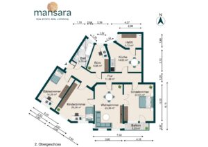 Grundriss einer Wohnung im Obergeschoss mit Räumen wie Wohnzimmer, Küche und Balkon, Maßstab und Nordrichtung angegeben.