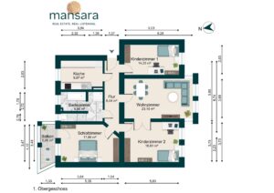 Grundriss eines Obergeschosses mit Küche, Wohnzimmer, Schlafzimmer, Badezimmer und Kinderzimmer. Maße und Anordnung sind angegeben.