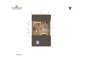 Dachboden Grundriss mit Raumaufteilung, Möbelanordnung und Maßangaben. Modernes Design, helle Farben.