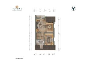 Grundriss des Dachgeschosses mit Räumen, Maßen und Anordnung von Balkon, Schlafzimmer und Flur.