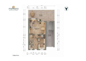 Grundriss des Erdgeschosses mit Wohnbereich, Küche, Flur, Garage und Terrasse. Maße sind angegeben.