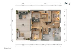 Grundriss eines Erdgeschosses mit Wohnzimmer, Küche, zwei Schlafzimmern, Bad und Terrasse. Maße sind angegeben.