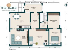 Grundriss einer Erdgeschosswohnung mit Küche, Wohnzimmer, Schlafzimmer, Kinderzimmer, Bad und Ankleidezimmer.