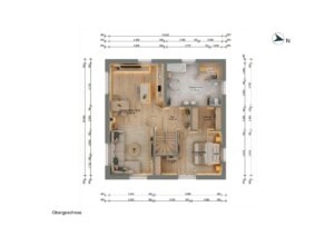 Grundriss eines Obergeschosses mit Wohnbereich, Schlafzimmer und Badezimmer, Maßstab und Nordausrichtung angegeben.