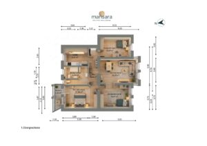 Grundriss des ersten Obergeschosses mit drei Schlafzimmern, Wohnzimmer, Küche und Balkon. Maßstab und Orientierung angegeben.