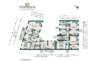 Grundriss des 1. Obergeschosses mit Räumen, Abmessungen und Anordnung von Küche, Wohnzimmer und Schlafzimmern.