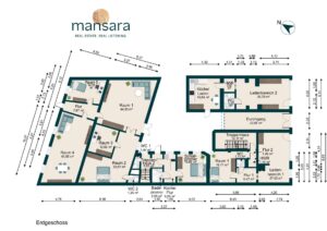 Erdgeschoss-Plan mit Räumen, Fluren, WC und einem Treppenhaus, skizziert für eine Immobilienanzeige.