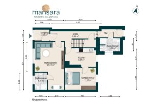 Grundriss einer Erdgeschosswohnung mit Wohnbereich, Küche, Schlafzimmer und Badezimmer. Maße und Beschriftungen sind angegeben.