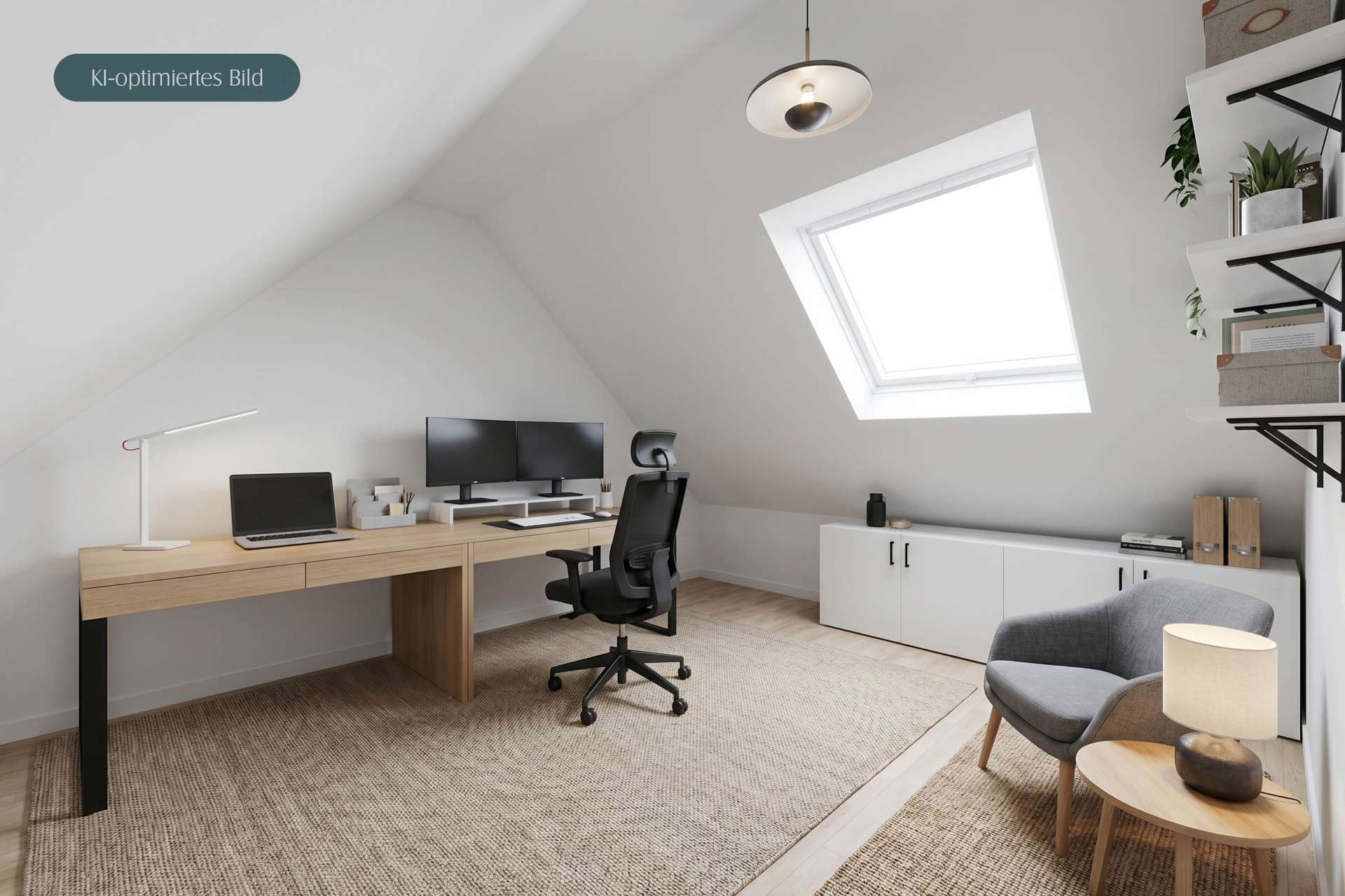 Helles, modernes Arbeitszimmer mit Schreibtisch, zwei Monitoren, Stuhl und gemütlicher Sitzecke unter einem Dachfenster.