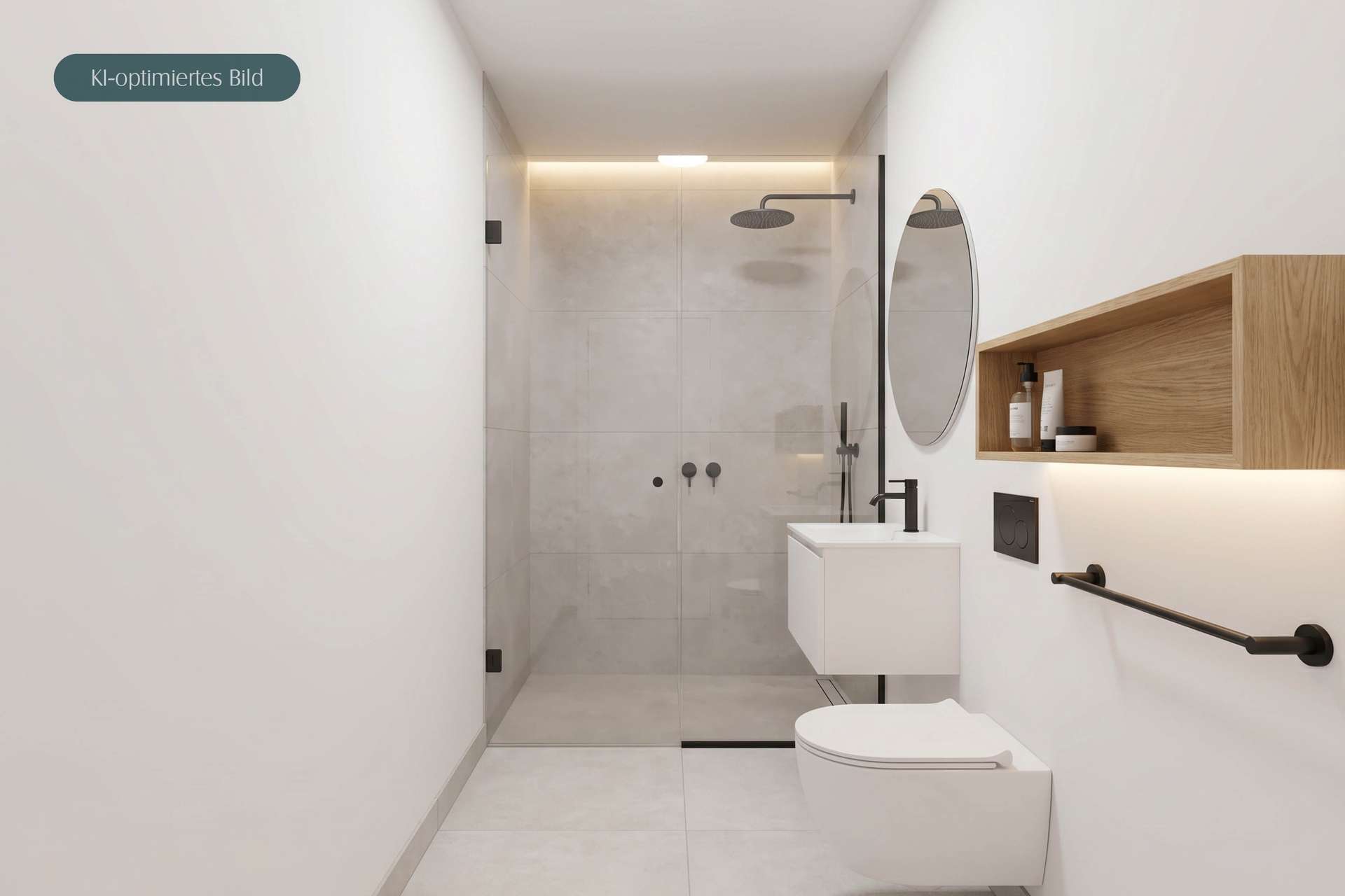 Modernes Badezimmer mit Dusche, runder Spiegelfläche, Wandregal und schlichten Sanitäranlagen.