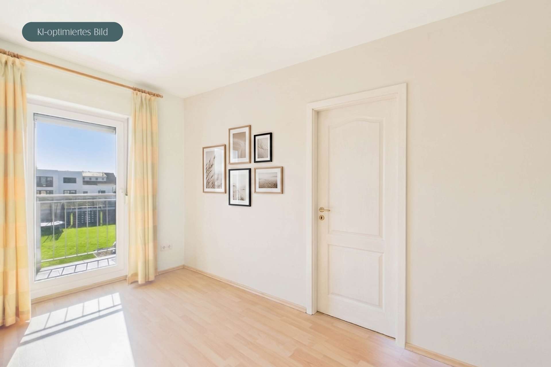 Helle, minimalistische Zimmeransicht mit Fenster, Holzboden und Bilderrahmen an der Wand.