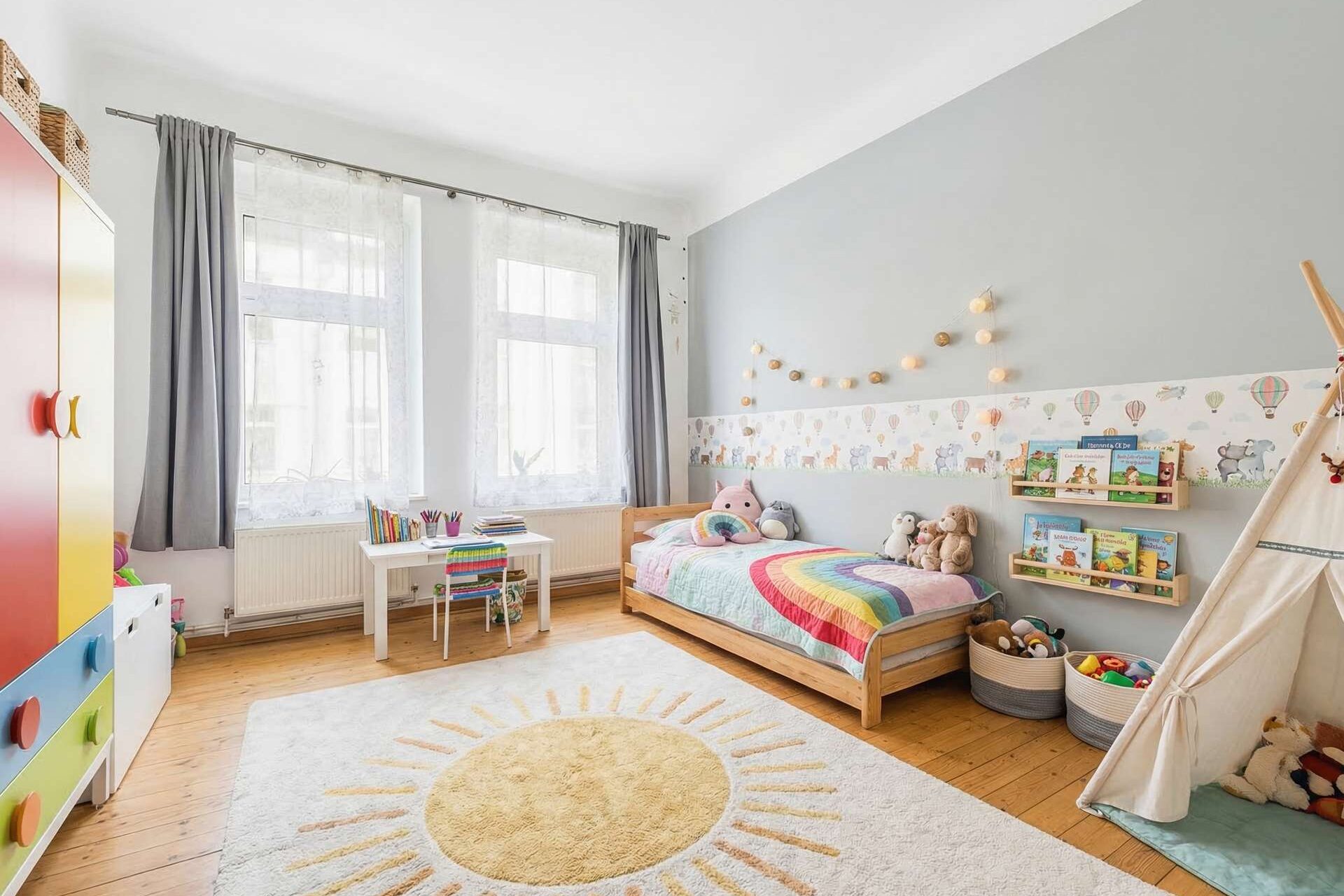 Helles Kinderzimmer mit einem bunten Bett, Spielzeug, einem Teppich in Sonnenform und einem Spielzelt.