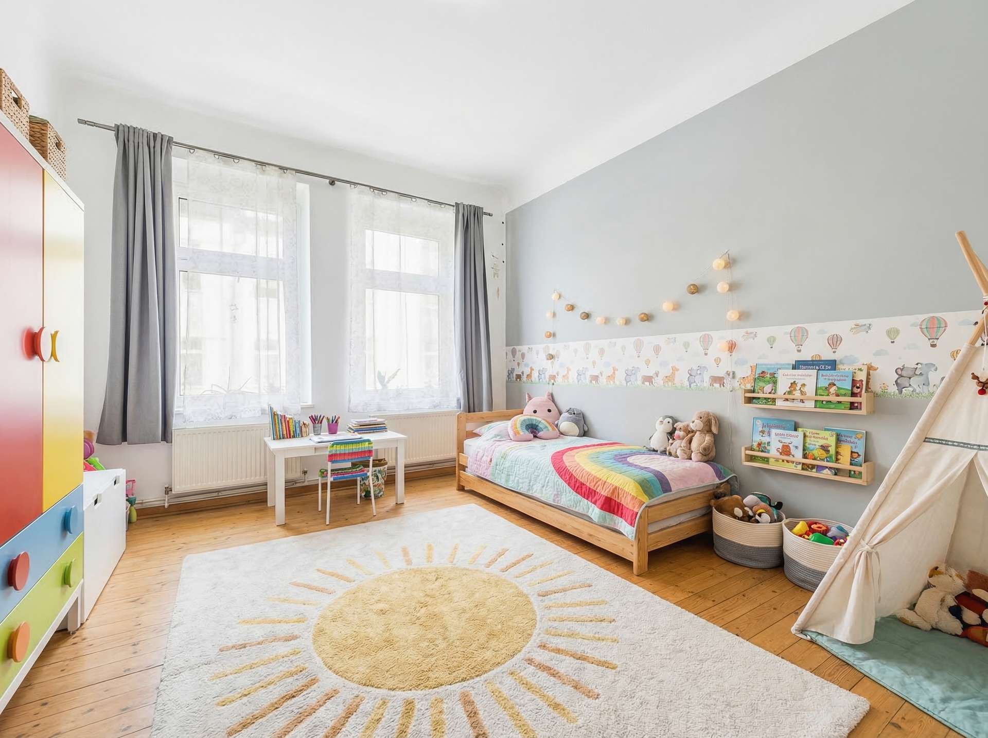 Helles Kinderzimmer mit einem bunten Bett, Spielzeug, einem Teppich in Sonnenform und einem Spielzelt.