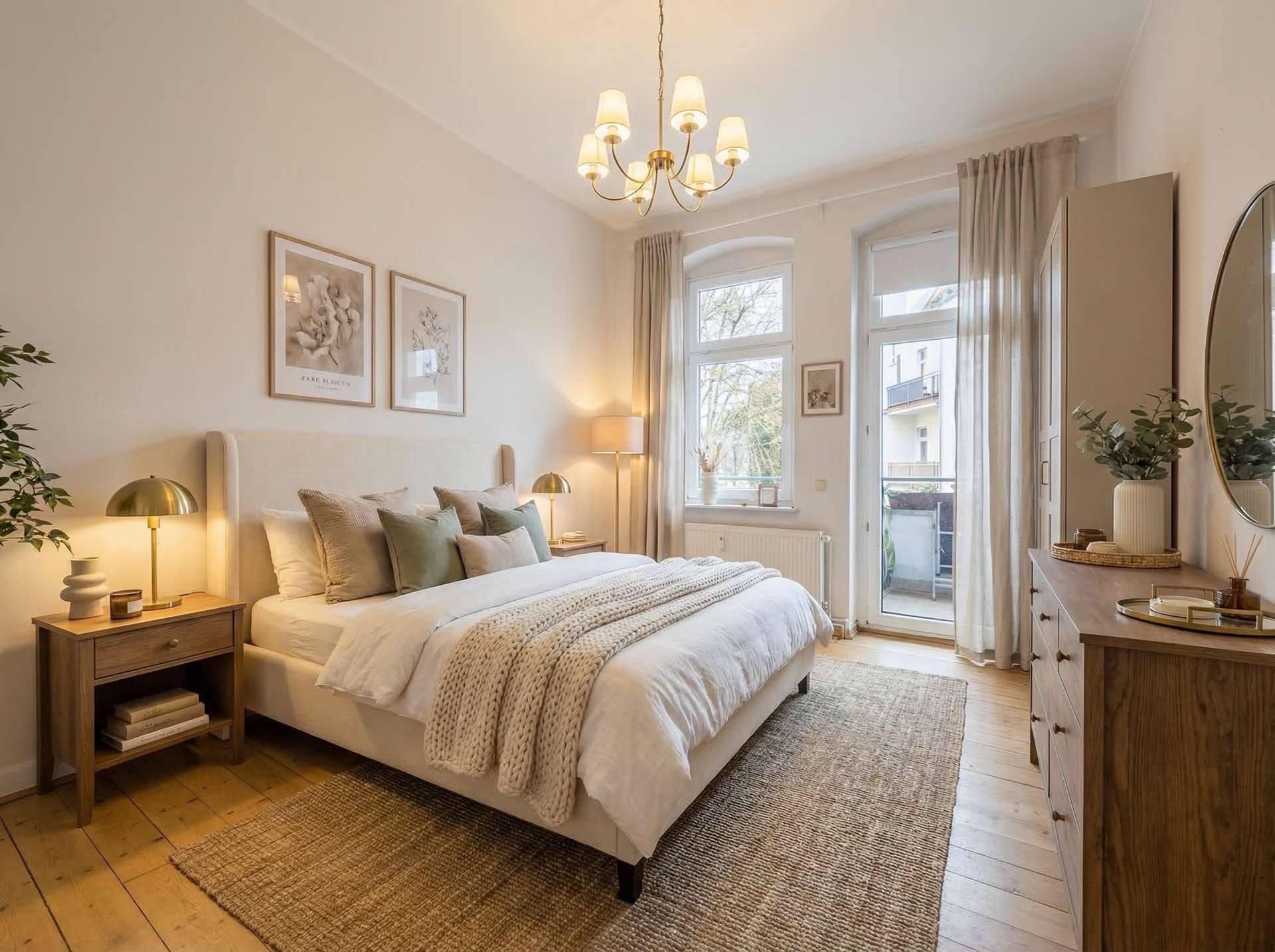 Helles Schlafzimmer mit einem Doppelbett, gemütlicher Bettwäsche und einem Schreibtisch, großen Fenstern und Holzfußboden.