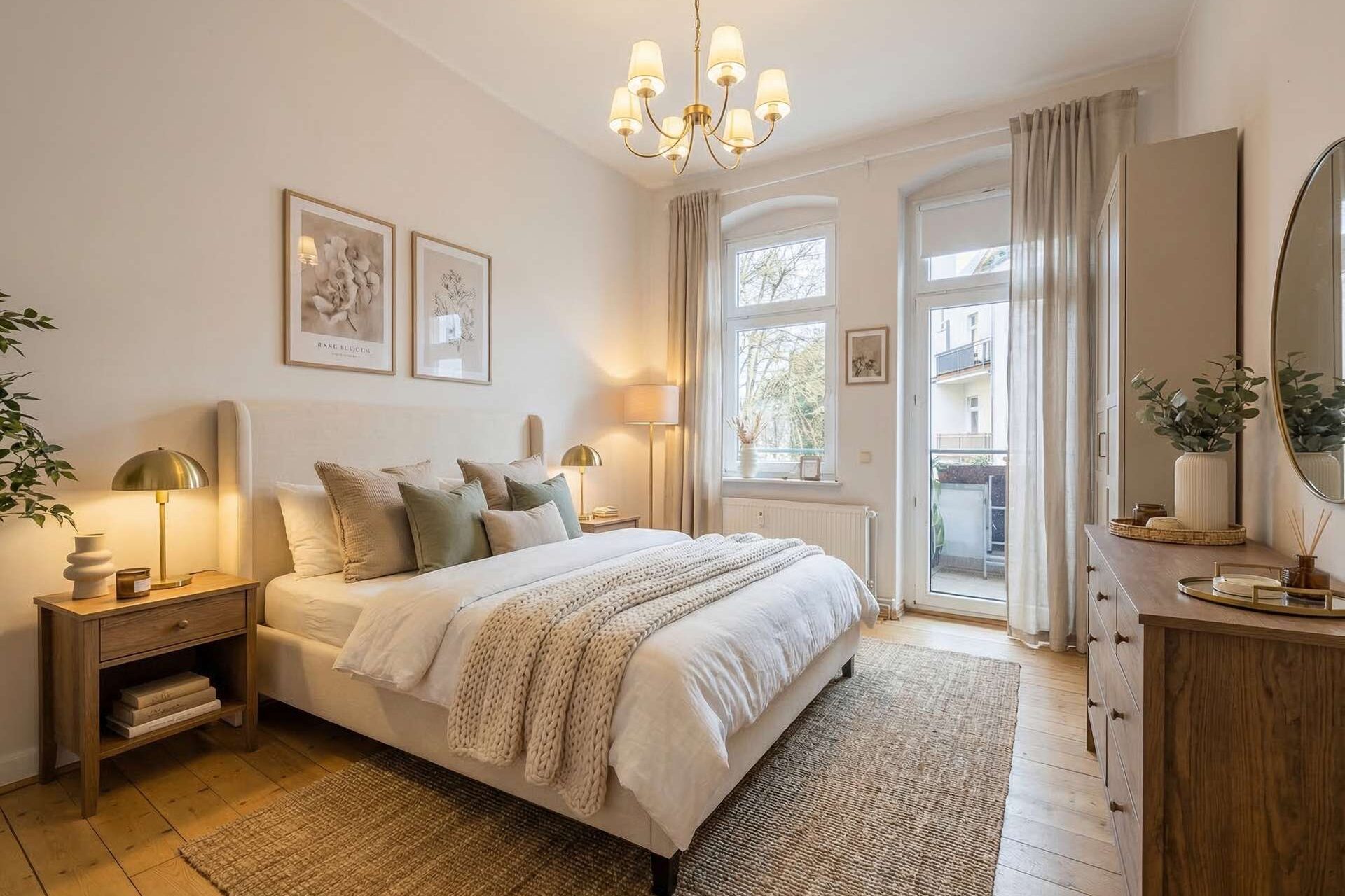 Helles Schlafzimmer mit Doppelbett, Holzkommode, Pflanzen und Zugang zum Balkon, gestaltet in neutralen Tönen.