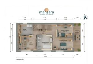 Grundriss eines Hauses mit mehreren Zimmern, Terrasse und Maßangaben. Logo von Mansara oben.