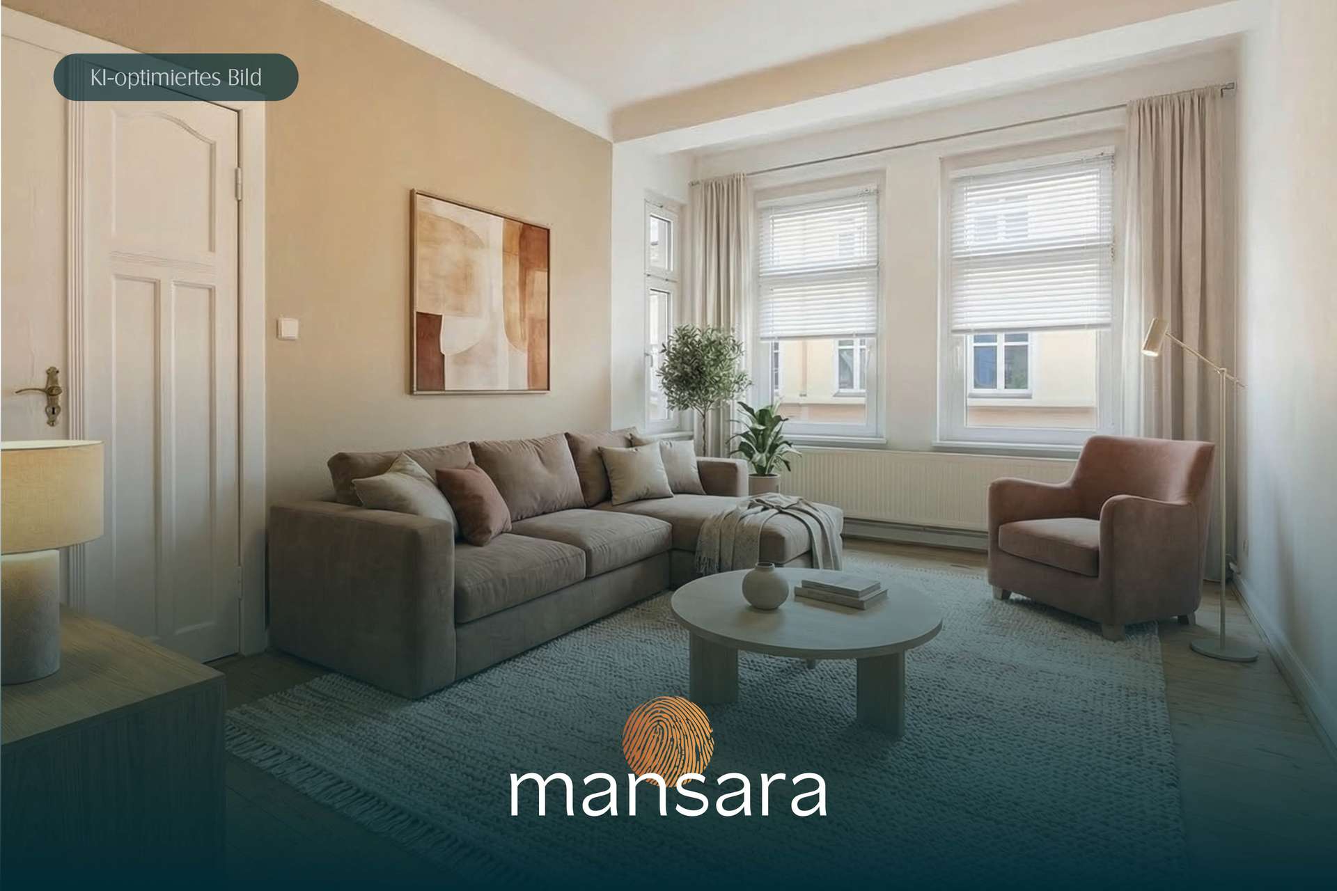 Heller Wohnraum mit beigem Sofa, Sessel, Tisch und Pflanzen, große Fenster und dezente Wandgestaltung.
