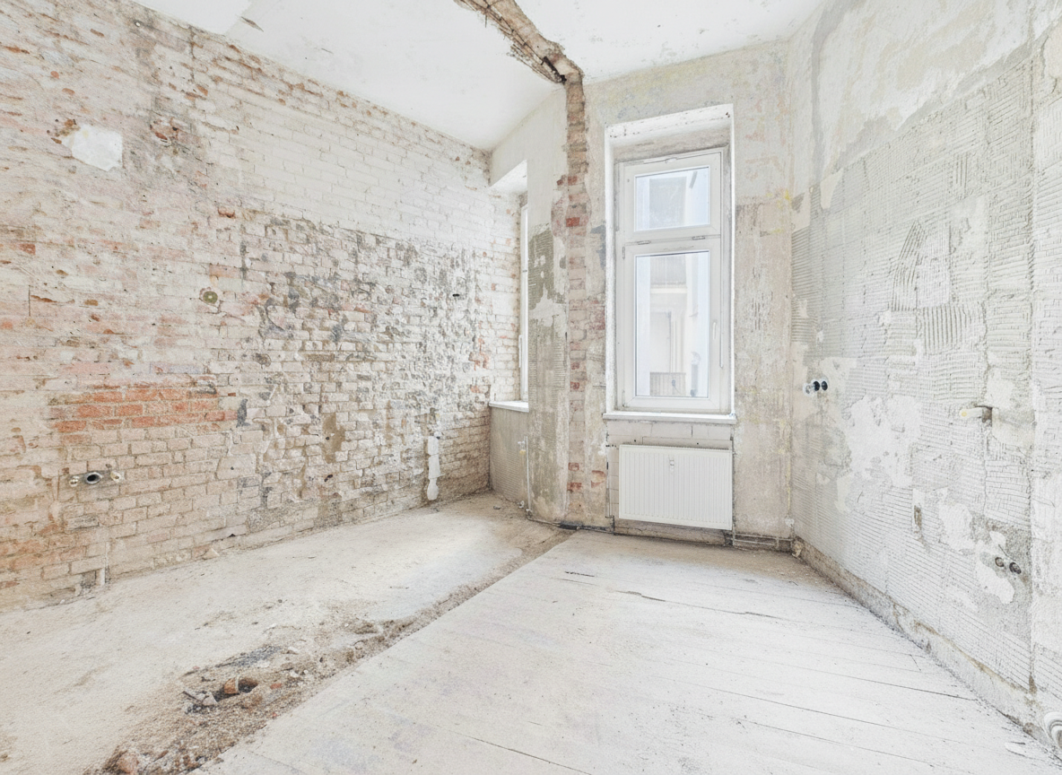 Leere, renovierungsbedürftige Zimmer mit freiliegenden Ziegelwänden und einem Fenster, das Tageslicht hereinlässt.
