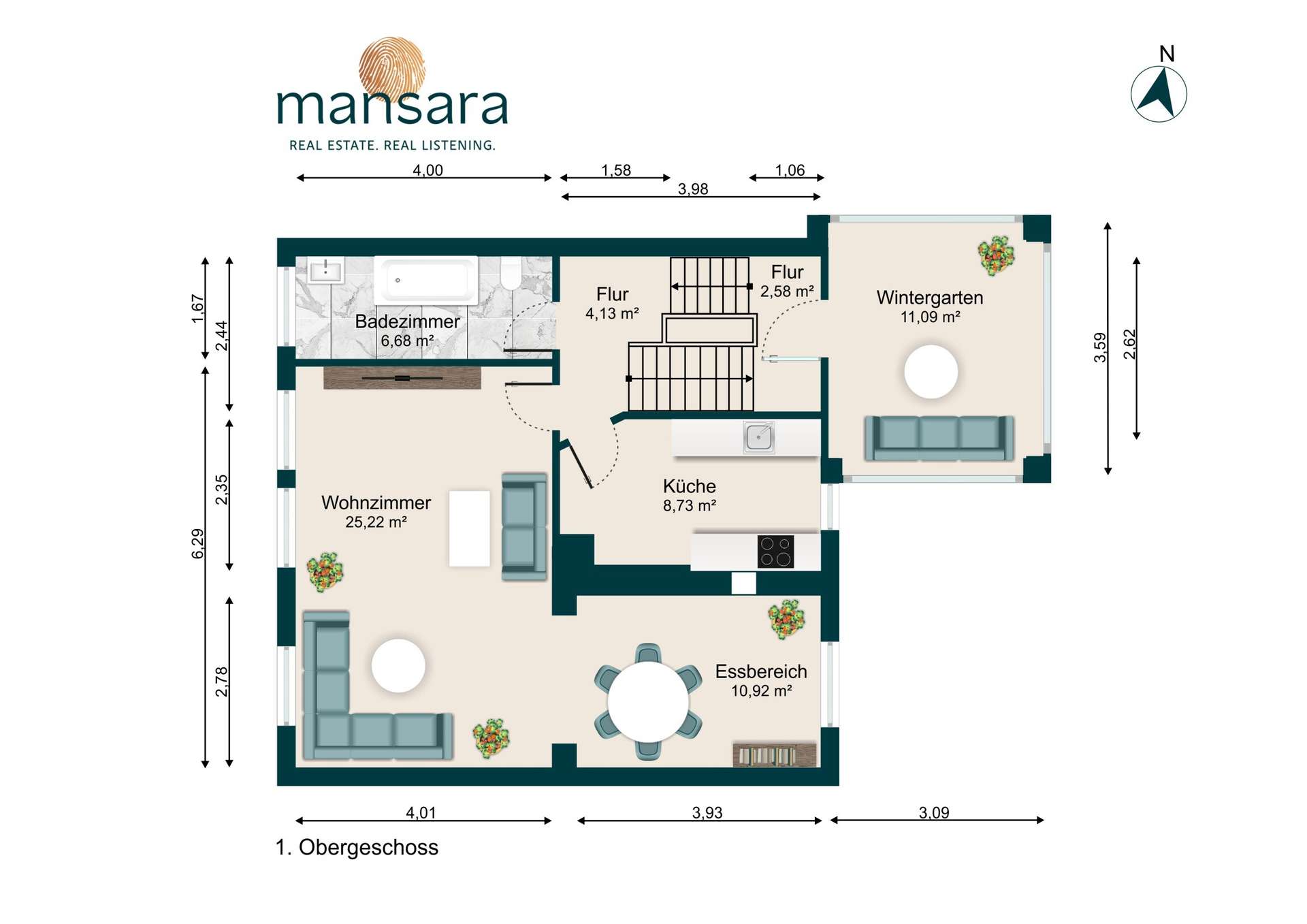 Grundriss eines Obergeschosses mit Wohnbereich, KĂŒche, Essbereich, Wintergarten, Flur und Badezimmer.