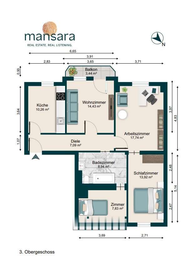 Grundriss einer Wohnung im 3. Obergeschoss mit Küche, Wohnzimmer, Schlafzimmer, Arbeitszimmer und Balkon.