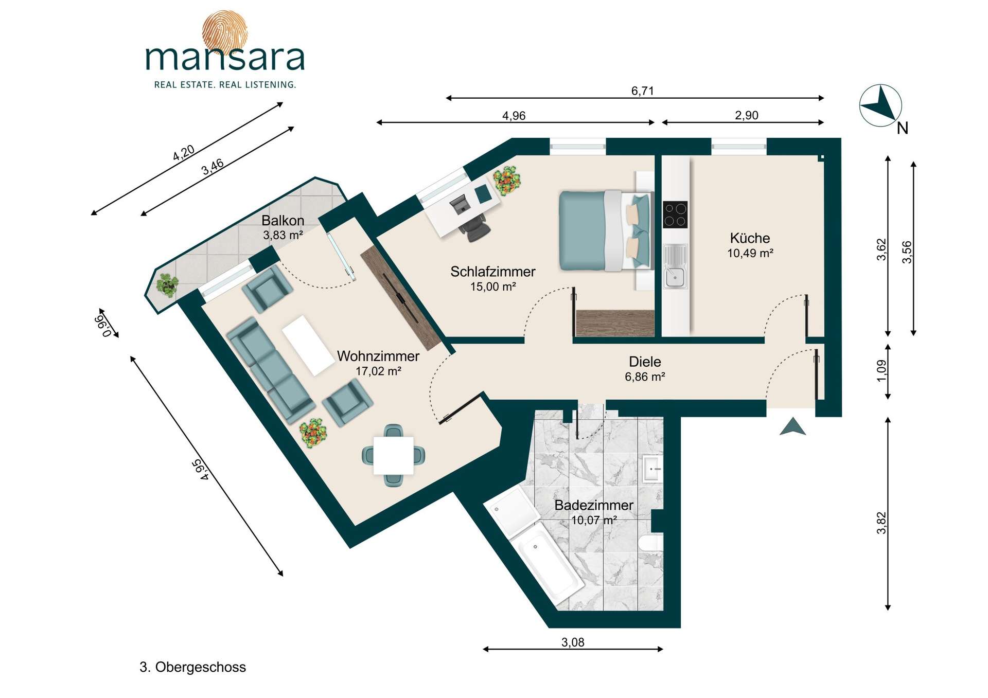 Grundriss einer Wohnung mit Balkon, Schlafzimmer, Wohnzimmer, Küche, Diele und Badezimmer, maßstabsgetreu dargestellt.