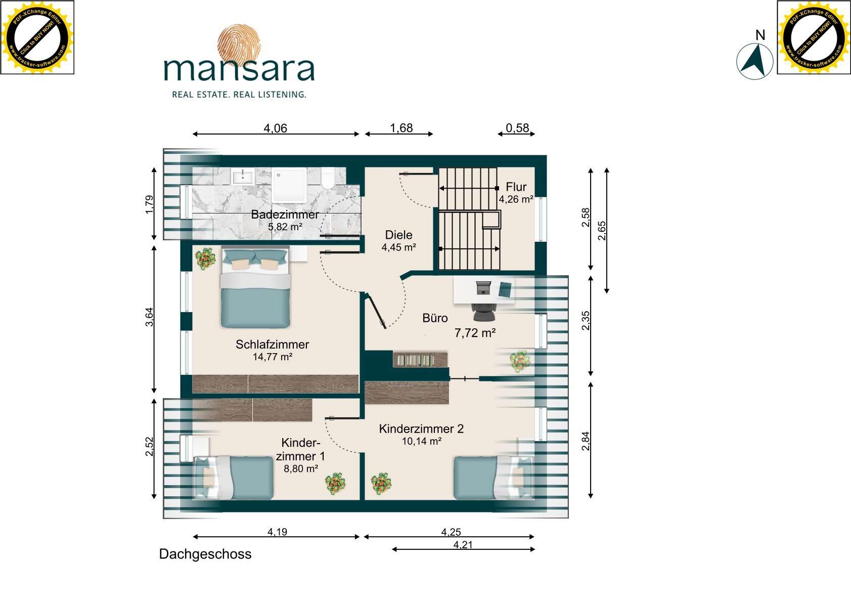 Grundriss eines Dachgeschosses mit Raumaufteilung: Schlafzimmer, Kinderzimmer, BĂŒro, Badezimmer und Flur.