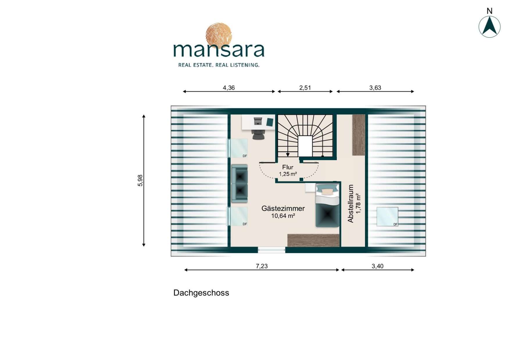 Grundriss eines Dachgeschosses mit Flur, Gästezimmer und Arbeitszimmer, Maßen und Orientierung nach Norden.