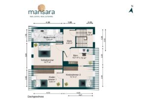 Grundriss eines Dachgeschosses mit Schlafzimmer, Kinderzimmer, Büro, Badezimmer und Flur, Maße angegeben.
