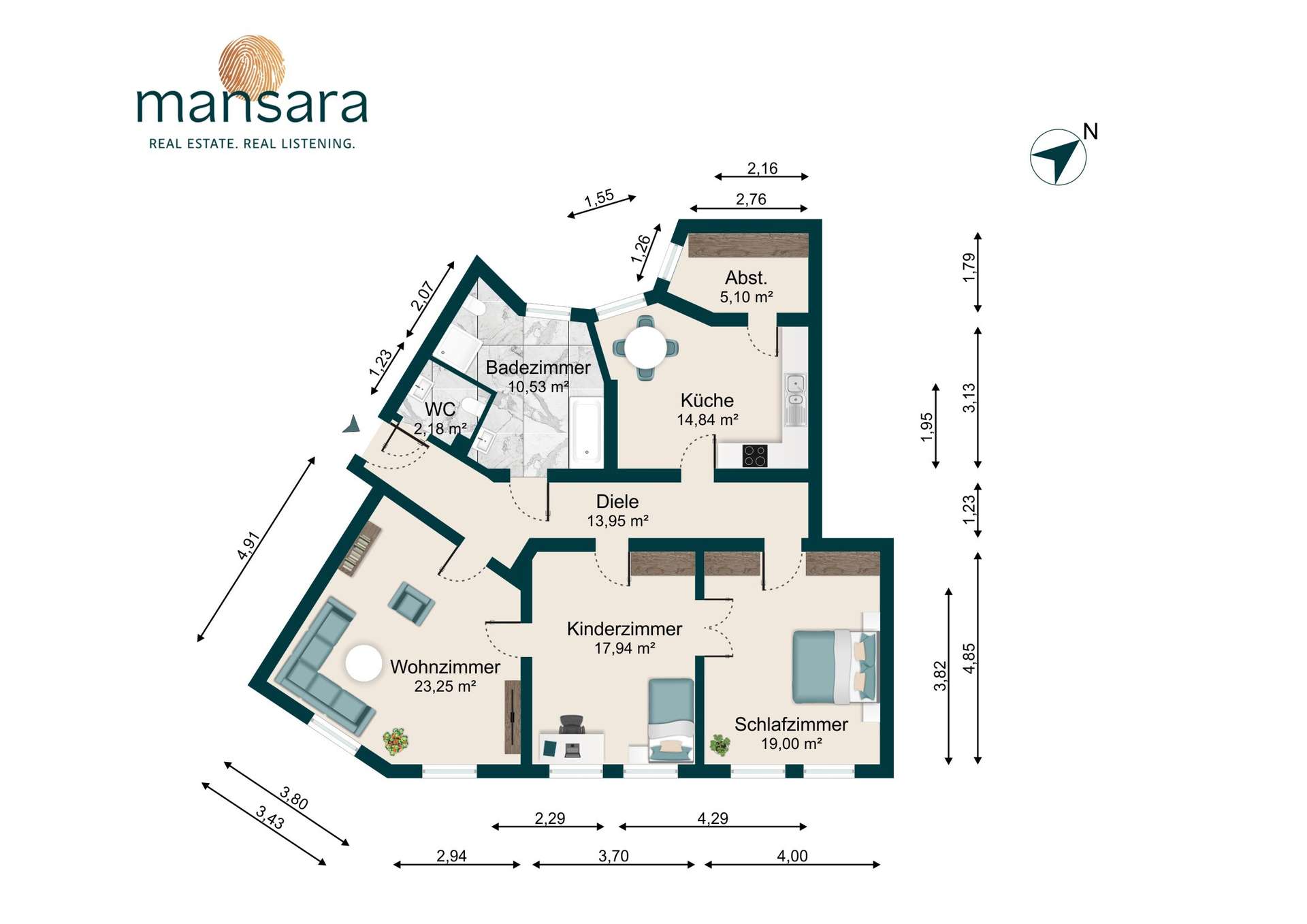 Grundriss einer Wohnung mit sechs Räumen, darunter Wohnzimmer, Schlafzimmer und Küche, sowie Maße und Orientierung.