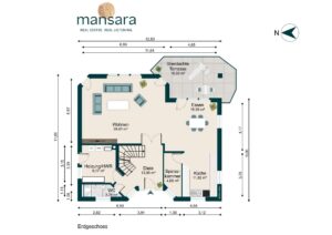 Grundriss eines Erdgeschosses mit Wohnbereich, Küche, Esszimmer und überdachter Terrasse. Maße sind angegeben.